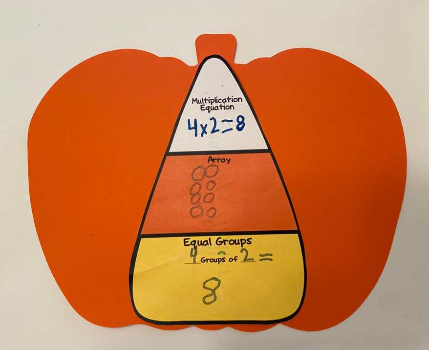 Orange pumpkin cut-out with math-themed triangle and number 8 design