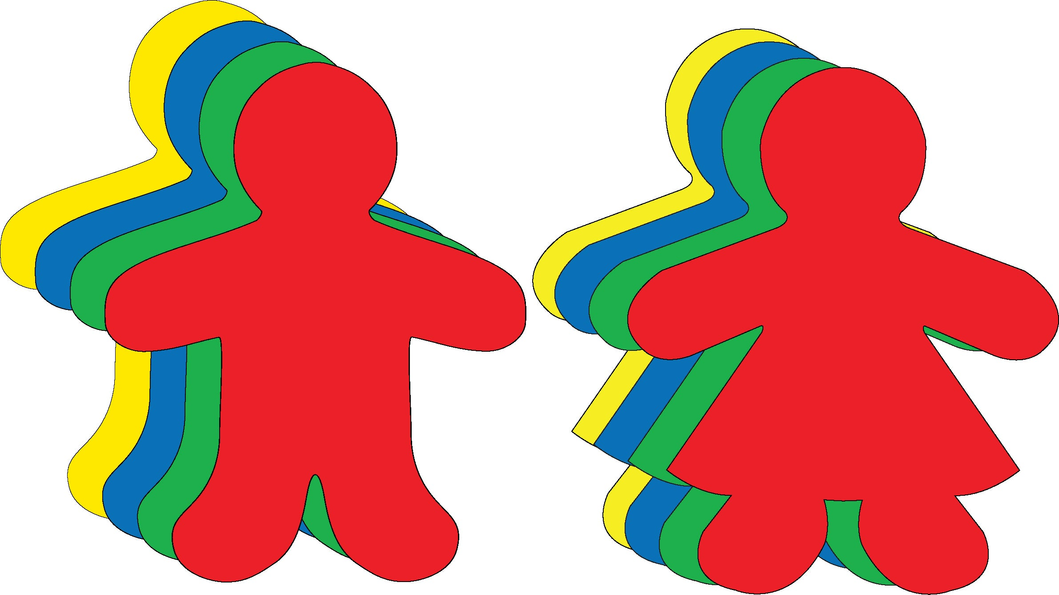 Large kid shape cut-out set: red figures with layered green and blue edges