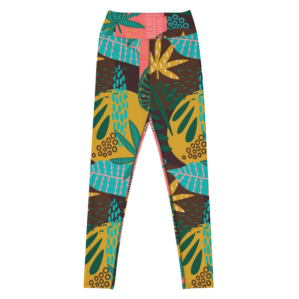Patterned yoga leggings with colorful leaf print, high-rise waistband.