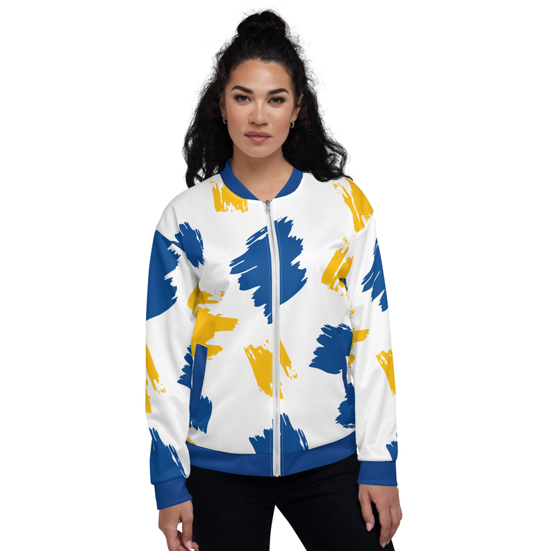 Unisex bomber jacket in white with blue and yellow splash print, full zip and collar