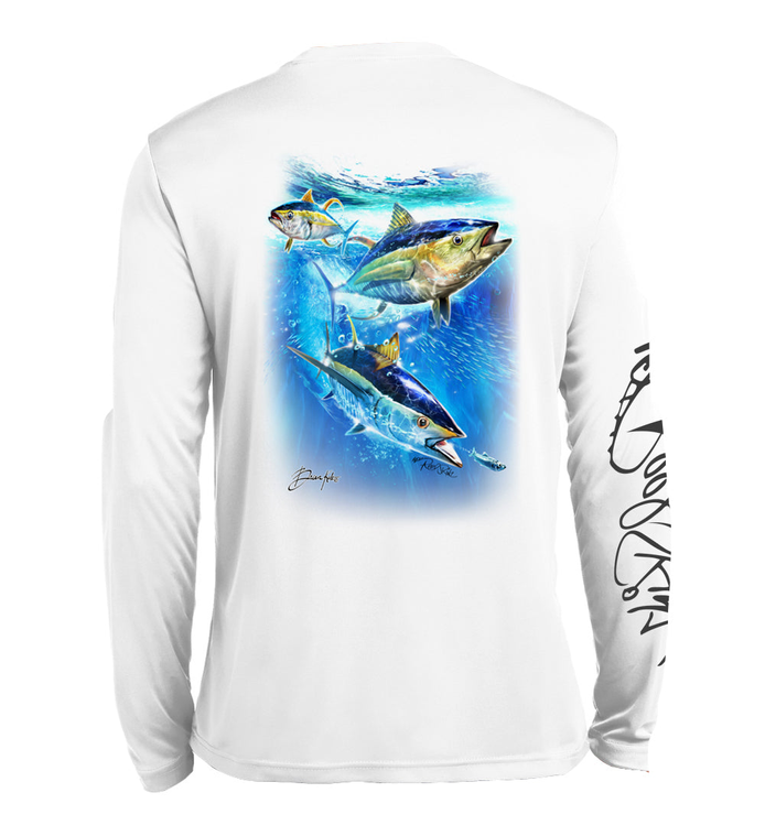 White long-sleeve shirt with colorful tuna fish graphic on back