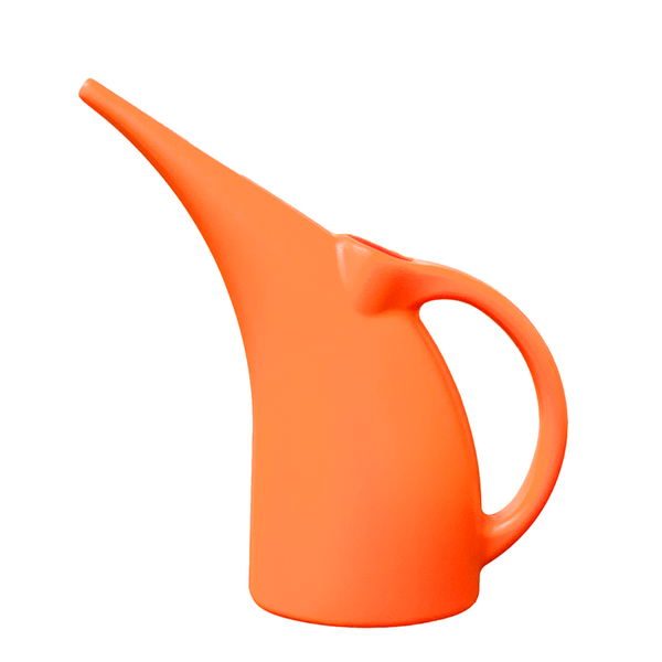 Orange plastic watering can with curved spout and large round handle
