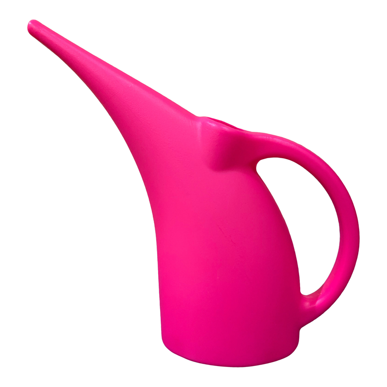 Pink plastic watering can with curved spout and large round handle