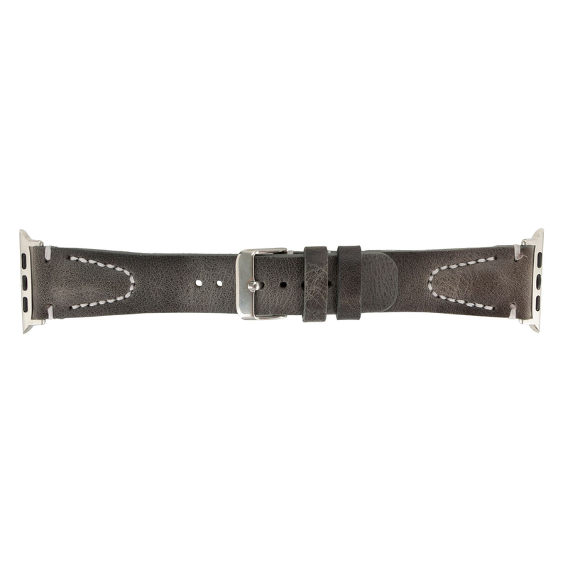 Gray leather watch band with adjustable holes, stitched patterns, and metal ends