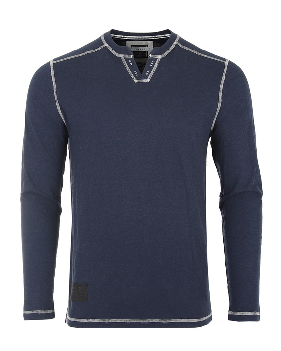 Men's navy long-sleeve henley shirt with notch V-neck and contrast stitch trim