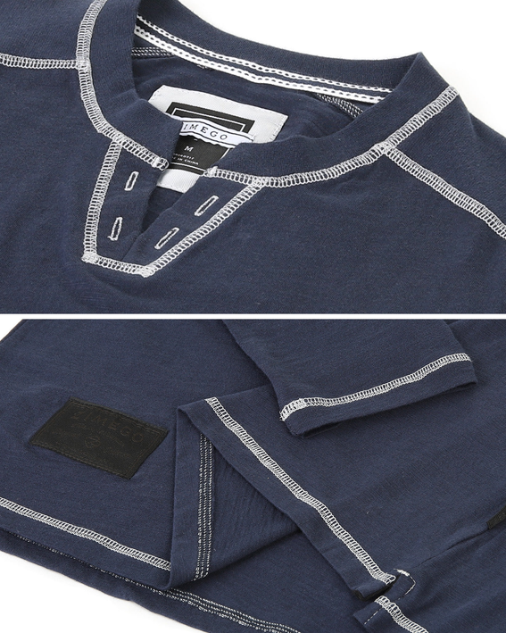 Long-sleeve henley neckline close-up with notch V-slit and contrast stitched trim