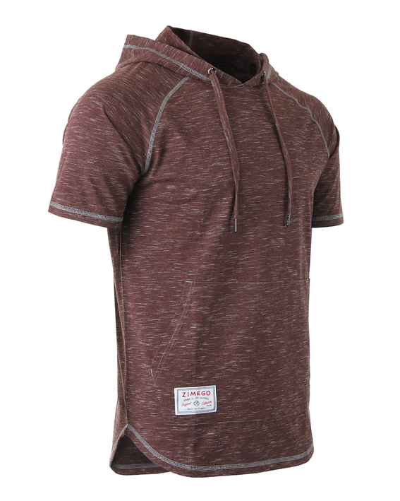 Men's maroon raglan short-sleeve hoodie with drawstring hood and curved hem