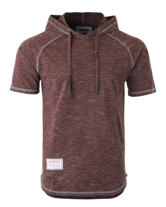 Men's maroon raglan short-sleeve hoodie with front seams, drawstring hood