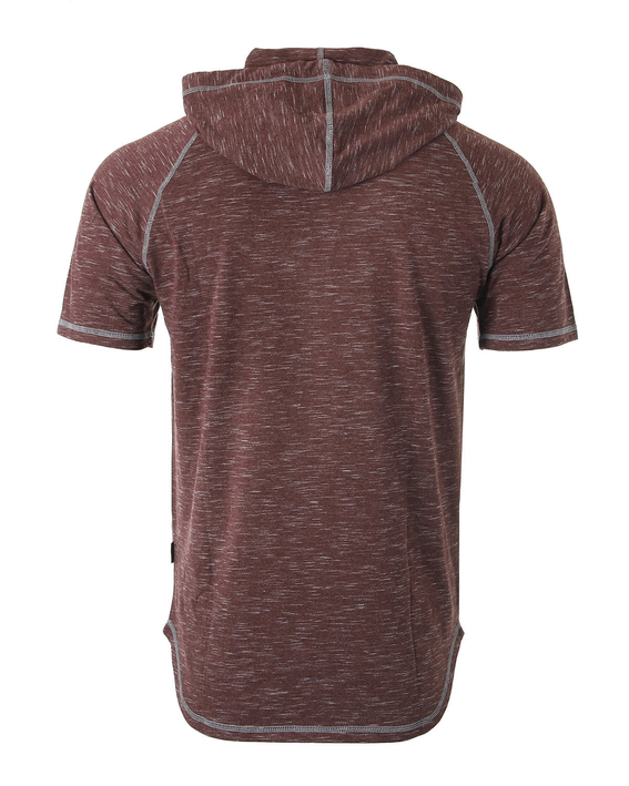 Men's maroon raglan short-sleeve hoodie with hood and curved hem, back view