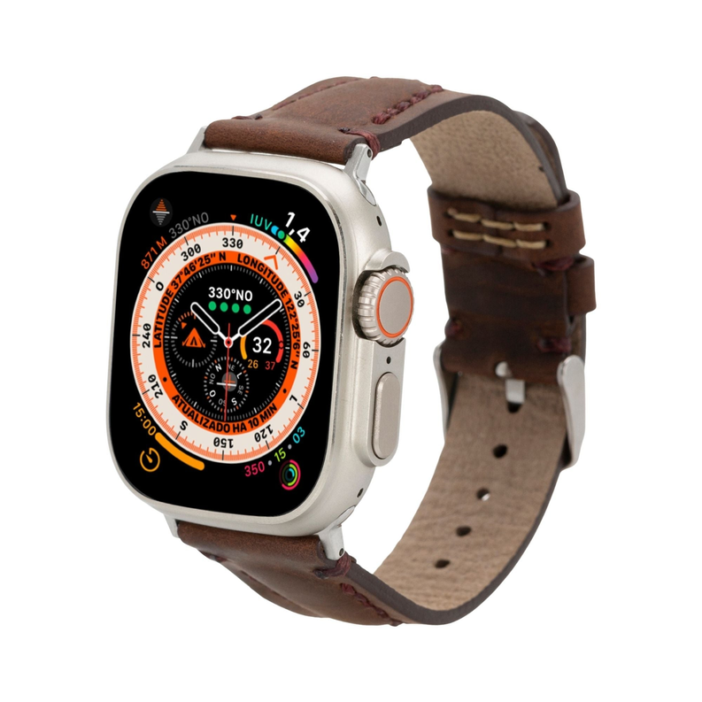 Dark brown leather watch band with metal buckle and pin holes