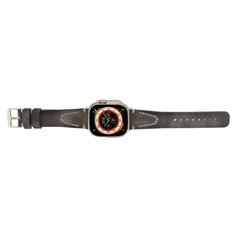 Gray leather Apple Watch band with metal buckle and stitched edges
