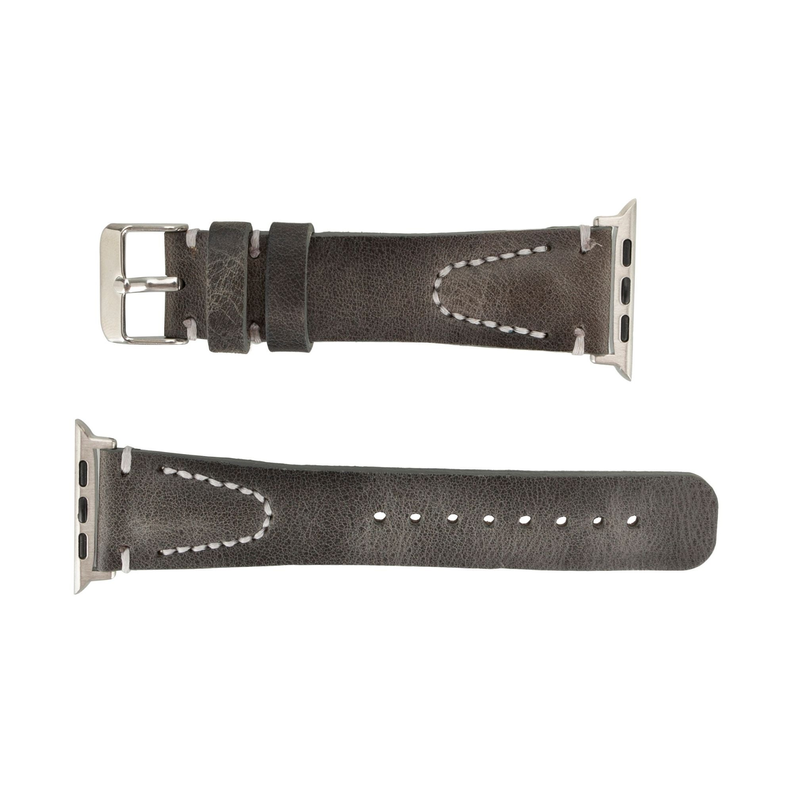 Gray leather Apple Watch band shown front and back with metal clasp