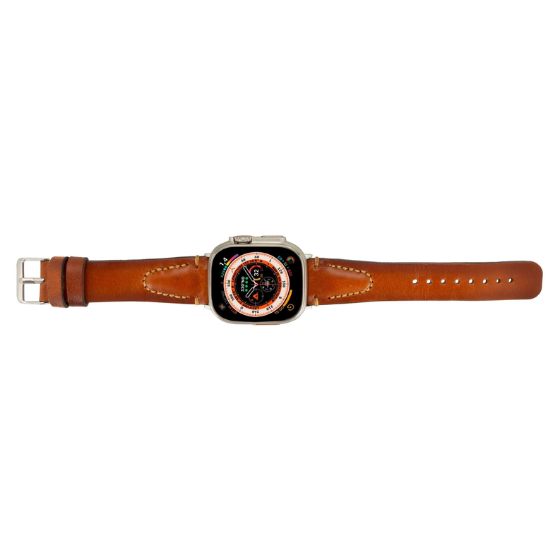 Tan leather watch band with metal buckle and stitched strap for Apple Watch