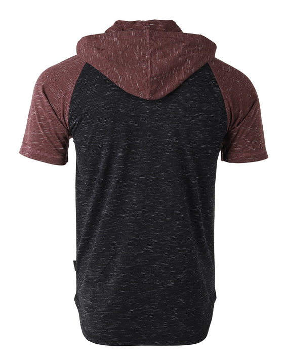 Back view of men's short-sleeve raglan hoodie with hood in maroon and dark charcoal
