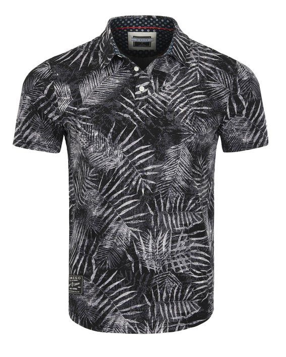 Men's black polo shirt with white leaf print, short sleeves, button placket
