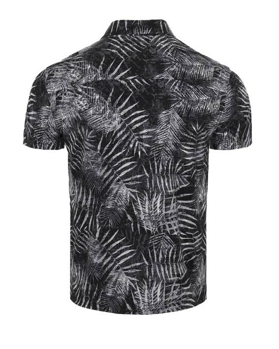 Men's short-sleeve button-up shirt, black with white palm leaf print