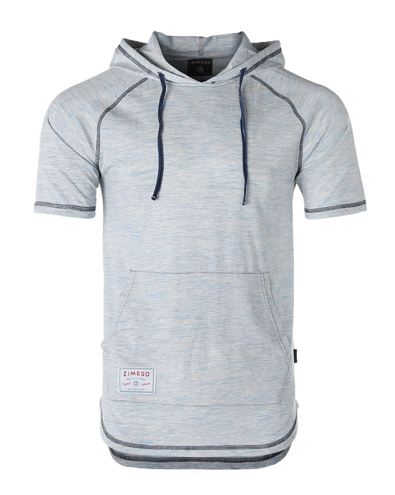 Light blue heather short-sleeve raglan hoodie with navy drawstrings and front pocket