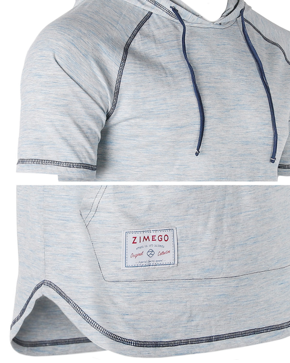 Light blue heather raglan hoodie close-up: navy drawstring hood and front pocket