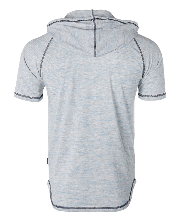 Back view of light blue heather short-sleeve raglan hoodie with curved hem