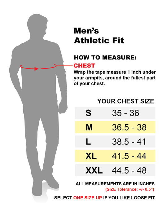 Men's athletic fit size chart for short-sleeve hoodie, chest sizes S–XXL