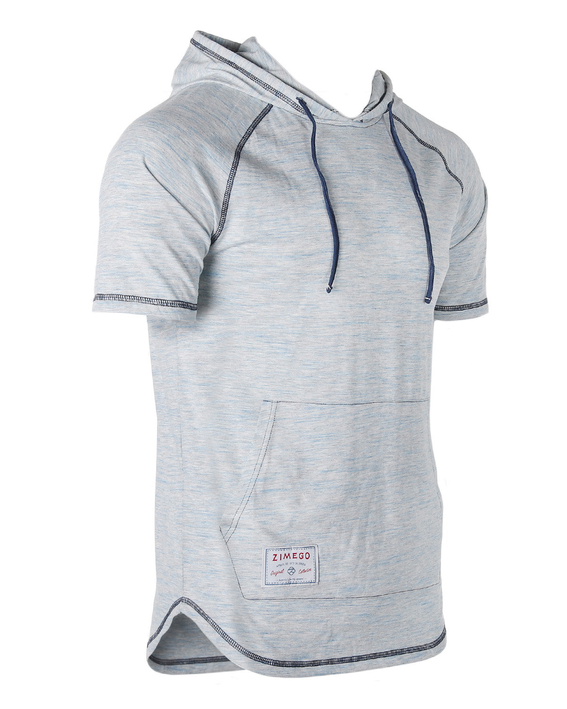 Light blue heather short-sleeve raglan hoodie with curved hem, navy drawstrings, kangaroo pocket