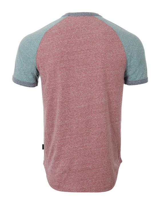 Men's raglan ringer T-shirt with maroon heather body and teal short sleeves