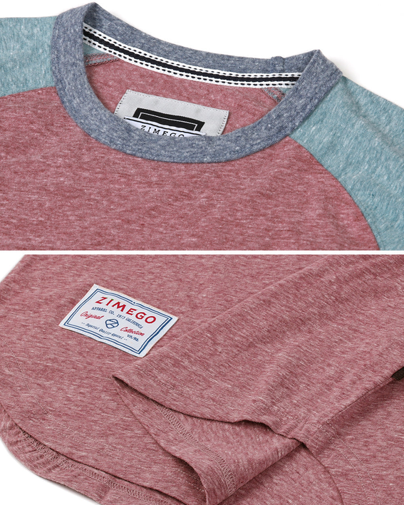 Men's raglan ringer T-shirt neckline with maroon body and teal contrast trim