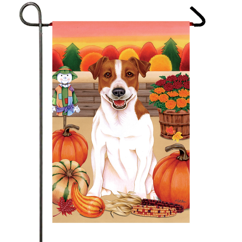 Summer garden flag with brown-and-white dog, pumpkins and flowers in a beach-themed scene
