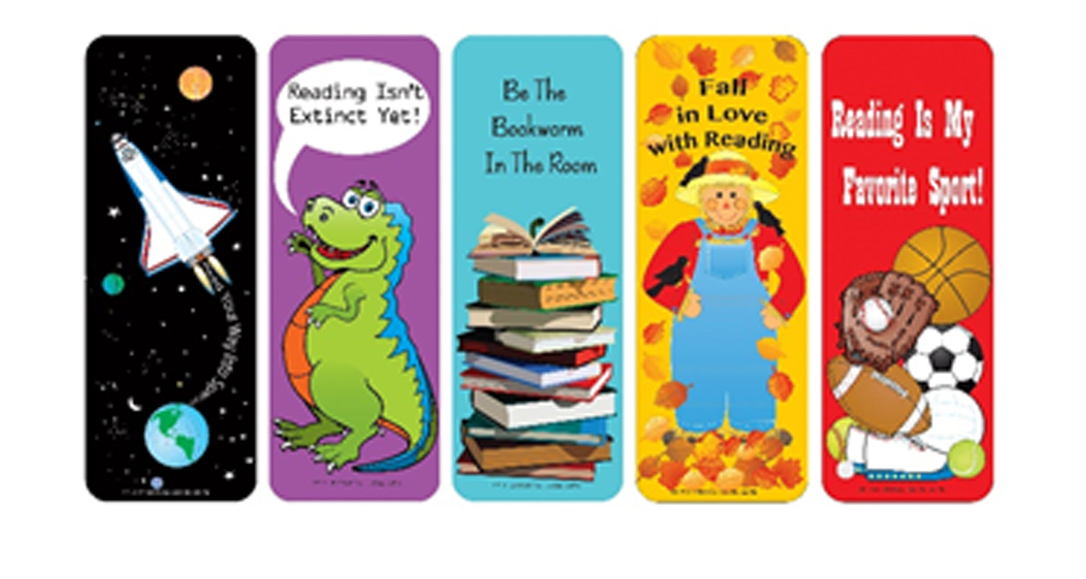 Reading bookmark set with 5 colorful illustrated designs