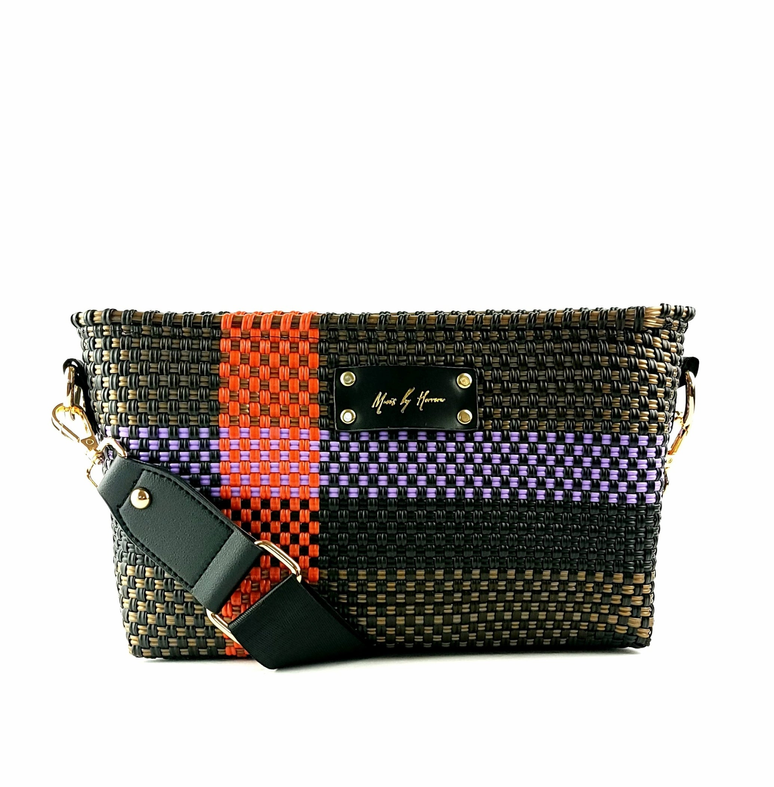 Mini crossbody bag with woven plaid design, front logo plate, dark green shoulder strap.