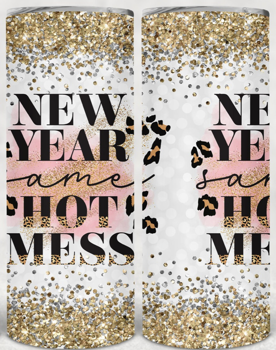 Gold glitter stainless steel tumbler with leopard print and New Year text graphic
