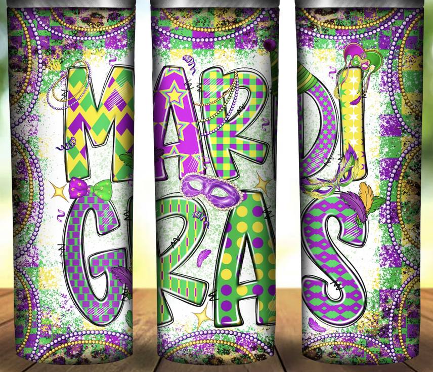 Stainless steel tumbler with colorful abstract letter graphic, glitter-style pattern
