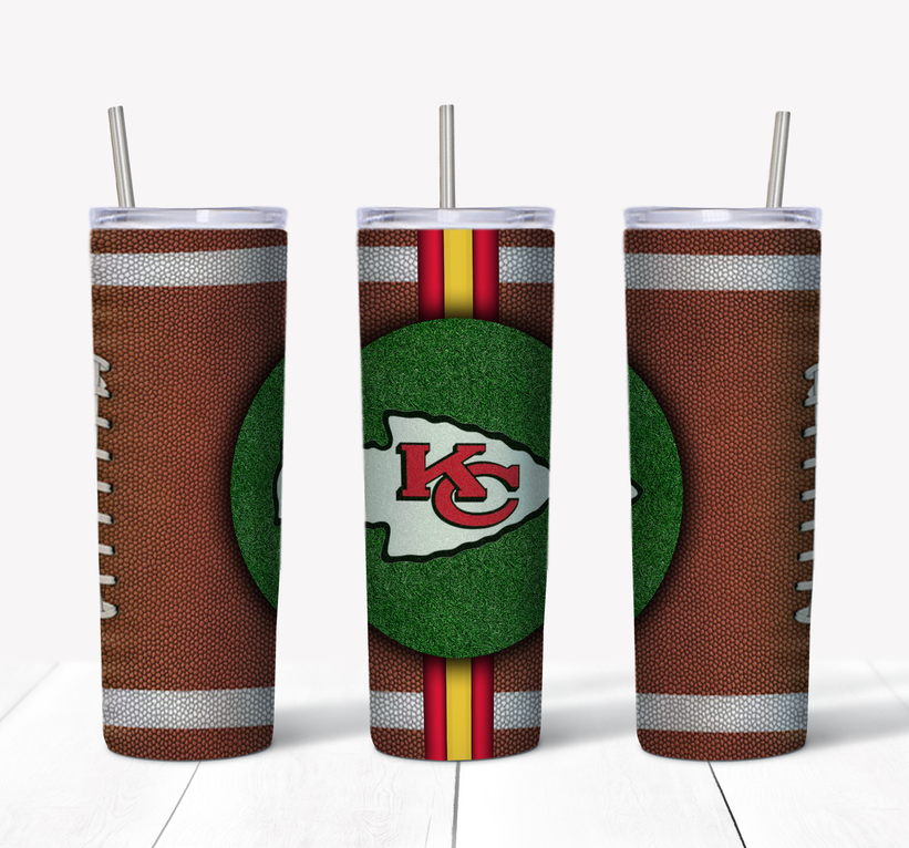 Stainless steel tumbler with Kansas City Chiefs logo and orange football-themed wrap