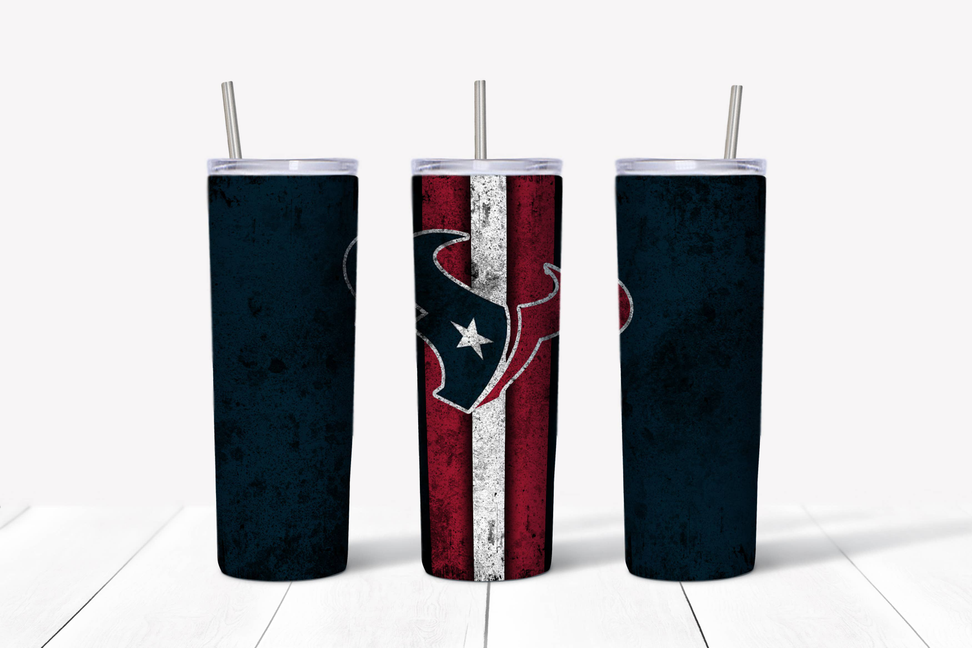 Stainless steel tumblers with straw and lids; two dark blue, one red/white football graphic