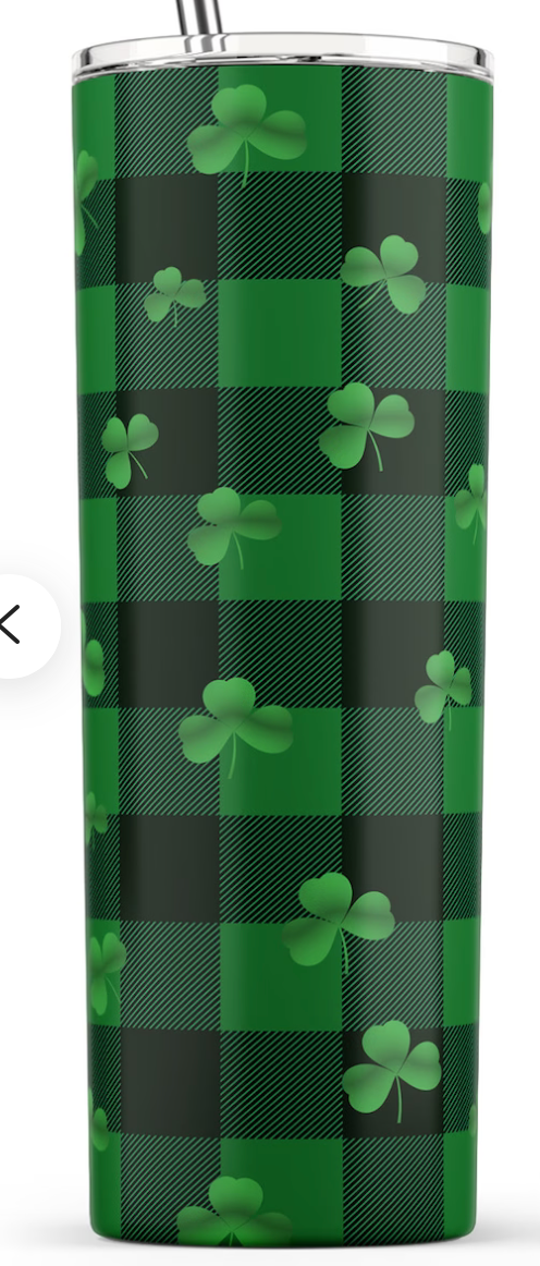 Stainless steel tumbler with green shamrock check pattern