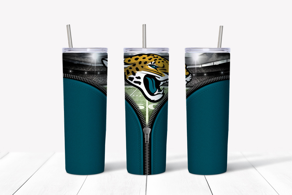 Football-themed stainless steel tumbler with teal sides and sports graphic, lid and straw.