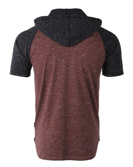 Men's short-sleeve raglan hoodie with maroon body, black sleeves, hood, curved hem