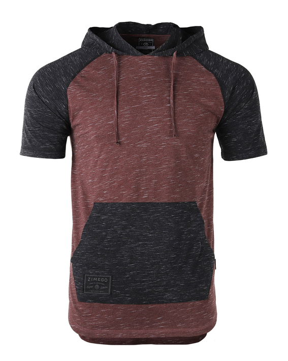 Men's short-sleeve color block raglan hoodie, maroon front with black hood and pocket