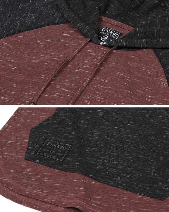ZIMEGO raglan hoodie close-up: maroon knit, black patch logo, drawstring hood