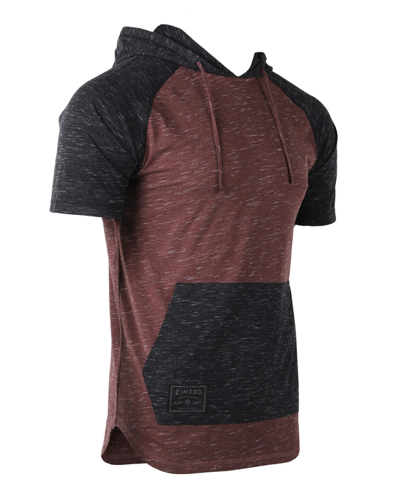 Men's maroon and black raglan short-sleeve hoodie with hood and curved hem