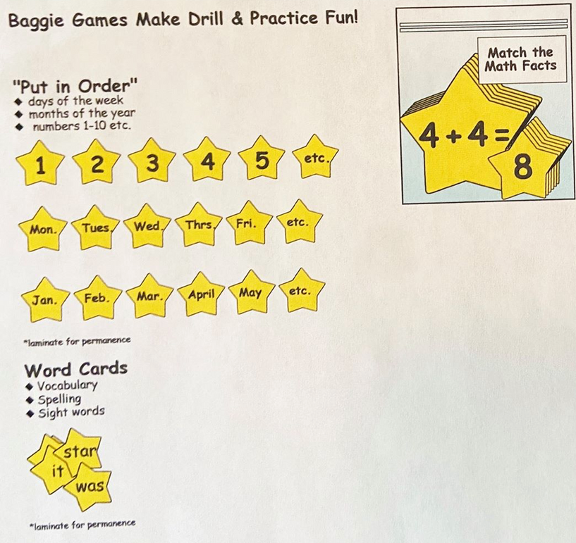 Yellow foam star cut-out pieces on a learning card, large shapes