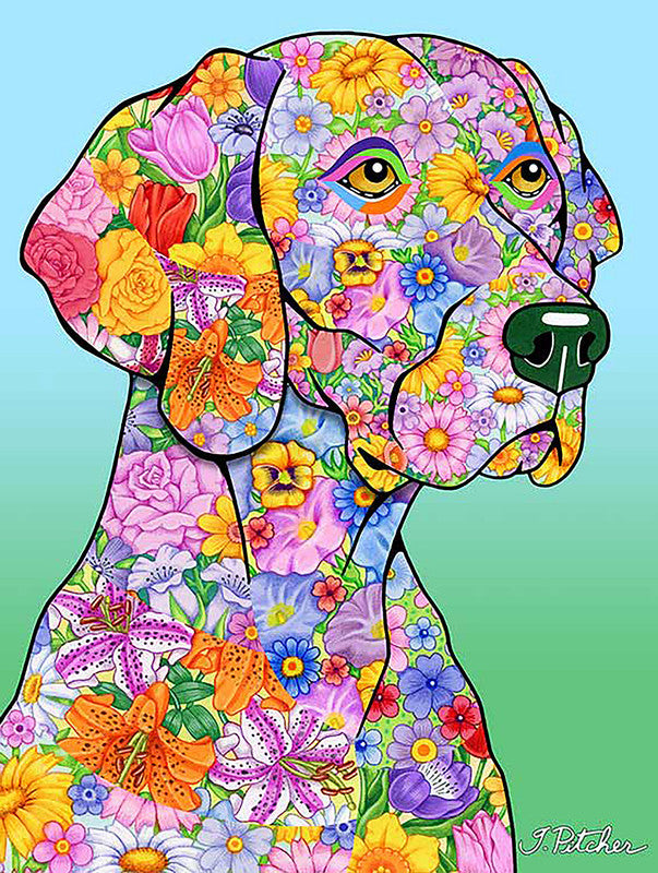 Colorful floral Weimaraner garden flag with dog portrait graphic