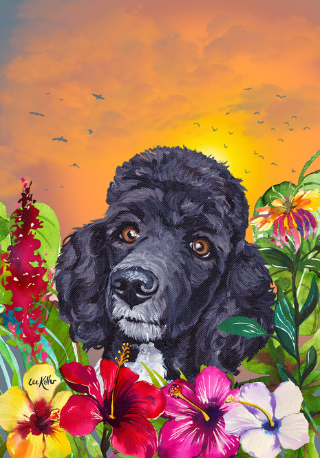 Tropical poodle garden flag with black dog portrait and colorful flowers