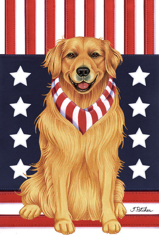 Navy garden flag with golden retriever wearing striped bandana and white stars