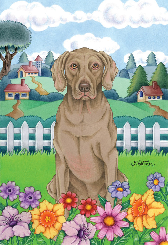 Tomoyo Pitcher garden flag with Weimaraner dog portrait and colorful flower border