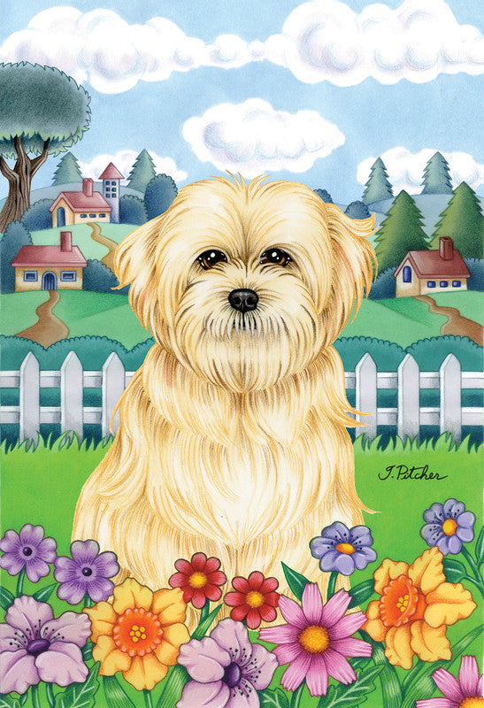 Garden flag featuring a light gold Lhasa Apso dog portrait surrounded by colorful flowers