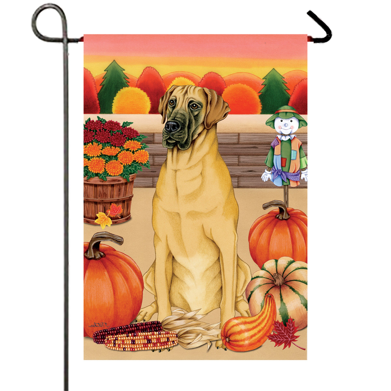 Garden flag featuring a tan Great Dane portrait in fall harvest scene