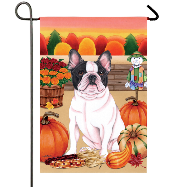 Autumn harvest garden flag with French bulldog portrait, pumpkins, and fall leaves