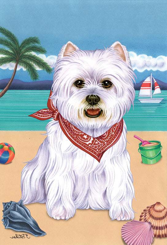 White Westie dog garden flag with red bandana