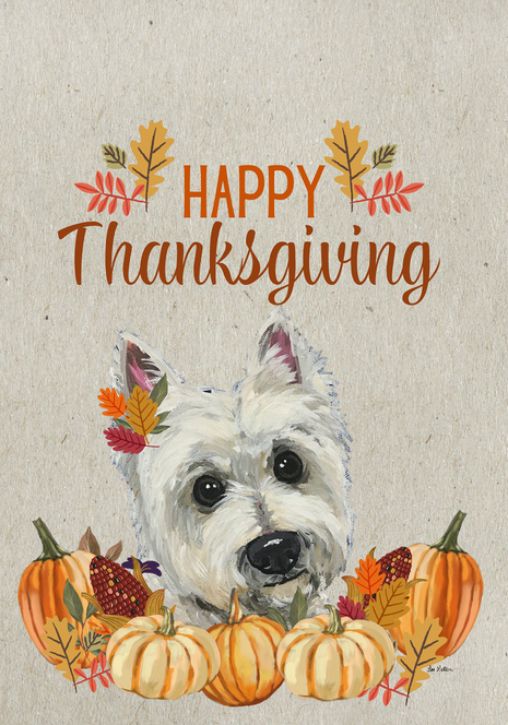 Hippie Hound garden flag with white Westie dog, pumpkins, and Happy Thanksgiving lettering